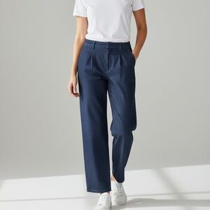 Eileen Fisher Organic Stretch Denim Jeans  Pleated Wide-Leg Pants Dark Indigo 14